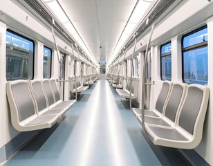 Fototapeta premium Subway train interior showcasing empty blue and white seating arrangement