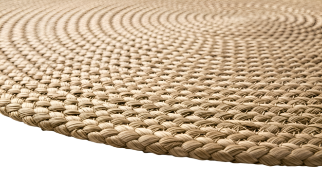 Woven placemat shows circular pattern on black background in close-up detail