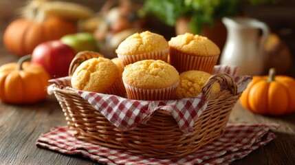 Golden Cornbread Muffins in Wicker Basket with Autumn Produce