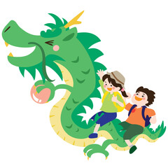 竜の背に乗って空を飛んでお出掛けをする、笑顔の子供たちのベクターイラスト