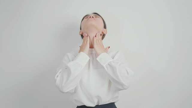 business Woman checking Thyroid gland disease. Hand holding Neck pain and Sore Throat. Hyperthyroidism, Hypothyroidism, Hashimoto Thyroiditis, Thyroid Tumor and Cancer, Postpartum, Papillary Carcinoma