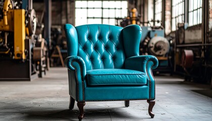 Elegant Teal Wingback Chair in Industrial Loft with Contrast, Vintage, and Comfort.