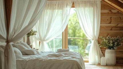 Serene Bedroom: White Curtains, Wooden Walls