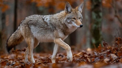 Coyote Walking Through Autumn Forest