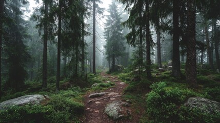 Fototapeta premium Moody Forest Path with Fog and Lush Green Vegetation