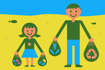Father and daughter collecting plastic waste at beach, holding recycling bags, flat illustration style, promoting environmental awareness and sustainability for a cleaner planet