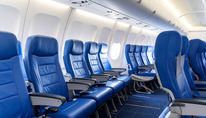 Empty Airplane Cabin Interior Blue Seats Windows with Ready for Flight, and Travel Concept.