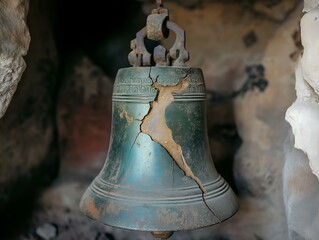 Fototapeta premium aged bell, bronze, cracked, weathered, close-up, dark background
