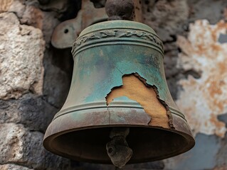Fototapeta premium weathered bell, green patina, cracked, detail, close-up, outdoor setting