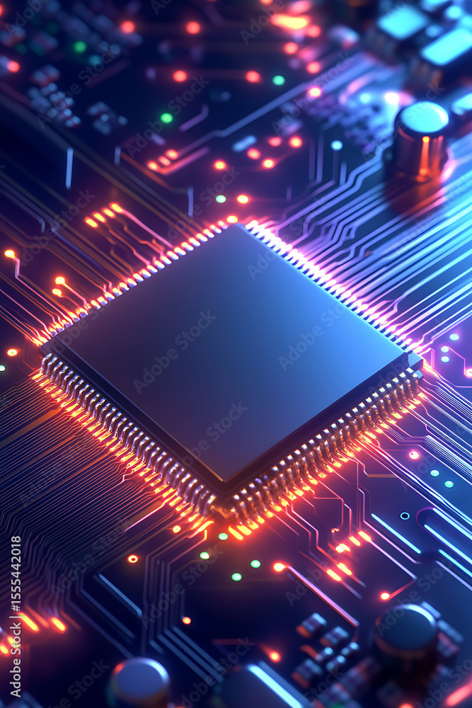 Poster close-up of a modern microchip on a circuit board with glowing connections and intricate details