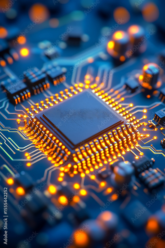 Poster close-up of a computer microchip on a circuit board with glowing connections and intricate details