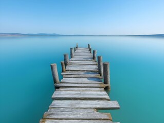 Fototapeta premium wooden pier on turquoise lake, calm water, reflections, sunny day, tranquil scene