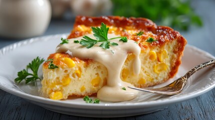 Creamy Corn Custard Tart with Parsley Garnish