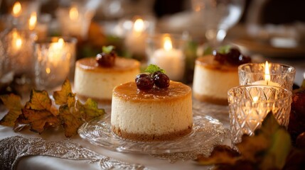 Mini Cheesecakes with Caramel Topping on Autumn Table Setting