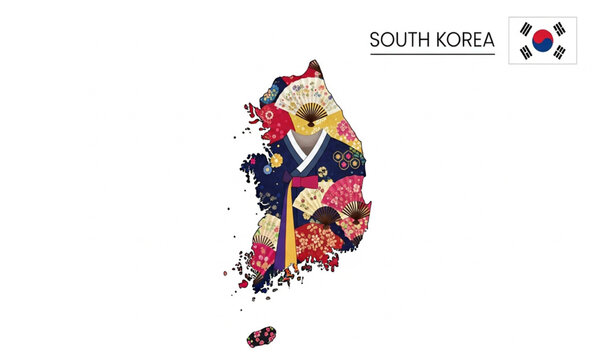 South Korea map silhouette with traditional korean dress pattern on white background