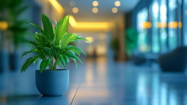 Indoor potted plant in a modern, well-lit lobby creating a calming atmosphere