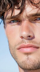 Close-up of a man with textured hair and light stubble, showing natural skin with minor imperfections, soft diffused lighting highlights raw masculine beauty and realistic textures.