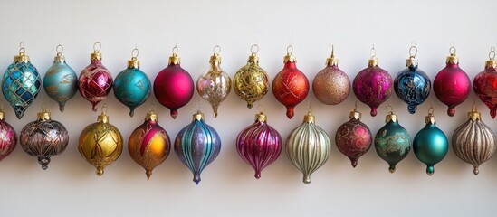 Vintage Christmas Ornaments Hanging In A Row