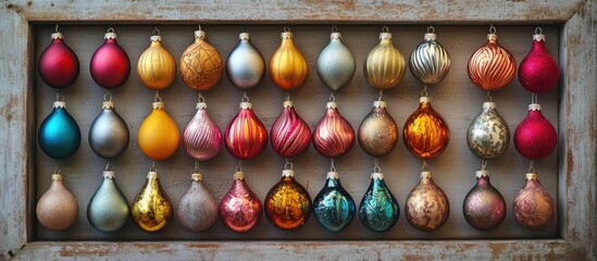 Colorful Glass Ornaments Hanging In Wooden Frame