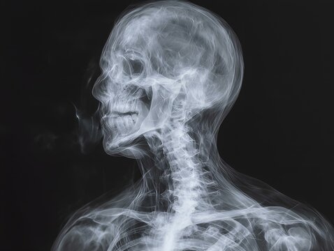 human skeleton xray, profile view, dark background, anatomical study, medical