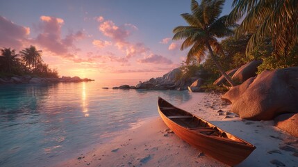 Serene Tropical Sunset Beach Scene with Wooden Canoe