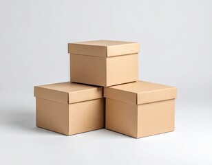Fototapeta premium Three closed cardboard boxes are neatly stacked against a plain white background.