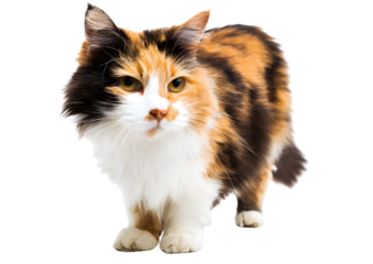 Timid standing calico cat with wide eyes and a cautious stance on a transparent background in high-quality PNG format.