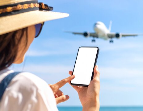 Woman with sunglasses and beach hat using smartphone mockup with blank screen, airplane flying overhead. Concepts: travel tech, vacation planning, digital nomad, online booking