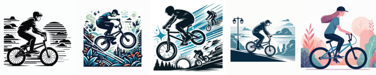 vector image people riding a BMX white background