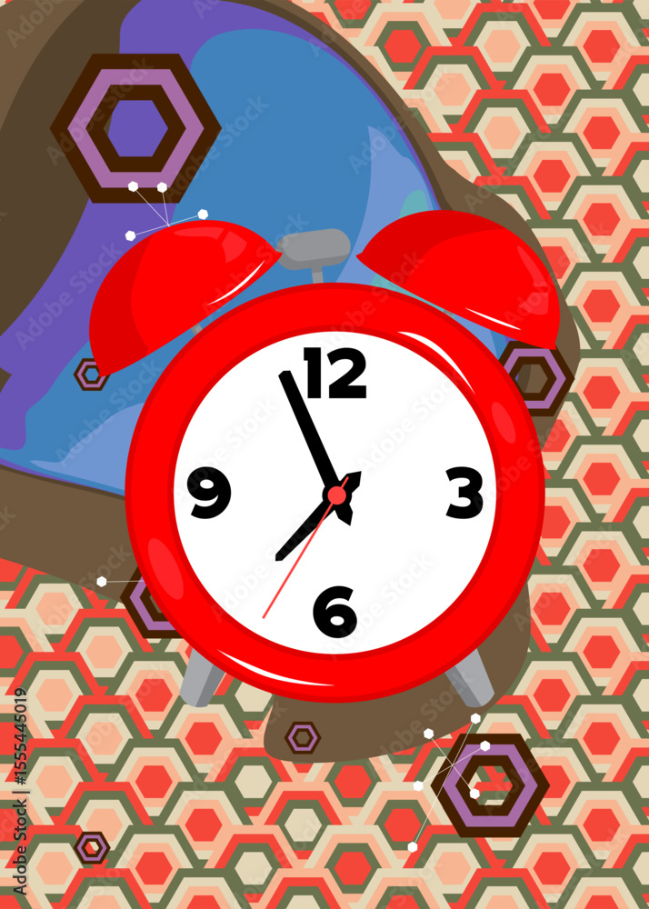 Poster retro 70s background with alarm clock. groovy timer 1970s art template. minimalistic vintage design 