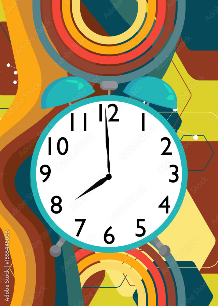 Aufkleber retro 70s background with alarm clock. groovy timer 1970s art template. minimalistic vintage design 