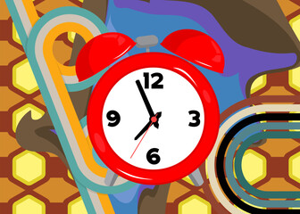 Retro 70s Background with Alarm Clock. Groovy Timer 1970s art template. Minimalistic Vintage design poster. Old-fashioned color artwork.