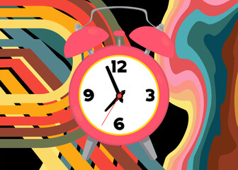 Retro 70s Background with Alarm Clock. Groovy Timer 1970s art template. Minimalistic Vintage design poster. Old-fashioned color artwork.