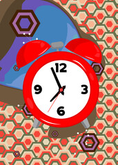Retro 70s Background with Alarm Clock. Groovy Timer 1970s art template. Minimalistic Vintage design poster. Old-fashioned color artwork.