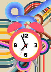 Retro 70s Background with Alarm Clock. Groovy Timer 1970s art template. Minimalistic Vintage design poster. Old-fashioned color artwork.