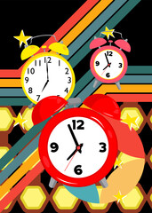 Retro 70s Background with Alarm Clock. Groovy Timer 1970s art template. Minimalistic Vintage design poster. Old-fashioned color artwork.