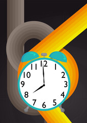 Retro 70s Background with Alarm Clock. Groovy Timer 1970s art template. Minimalistic Vintage design poster. Old-fashioned color artwork.