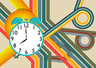 Retro 70s Background with Alarm Clock. Groovy Timer 1970s art template. Minimalistic Vintage design poster. Old-fashioned color artwork.