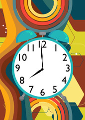 Retro 70s Background with Alarm Clock. Groovy Timer 1970s art template. Minimalistic Vintage design poster. Old-fashioned color artwork.