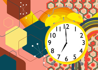 Retro 70s Background with Alarm Clock. Groovy Timer 1970s art template. Minimalistic Vintage design poster. Old-fashioned color artwork.