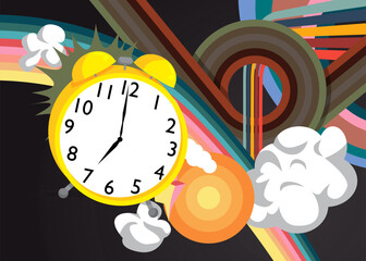 Retro 70s Background with Alarm Clock. Groovy Timer 1970s art template. Minimalistic Vintage design poster. Old-fashioned color artwork.