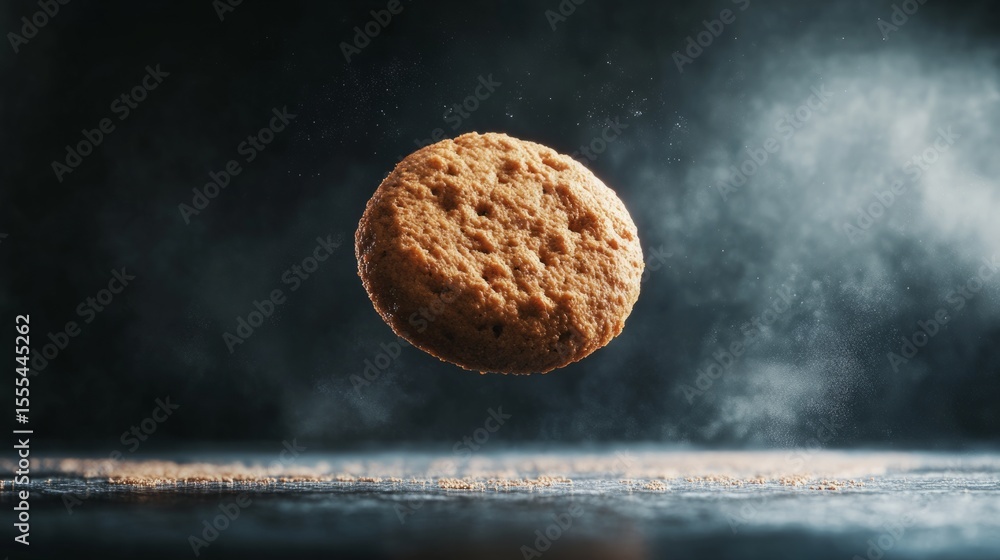 Fototapete cookie rendered with exaggerated textures, floating in spotlight against dark background generative 