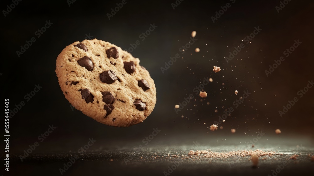 Fototapete cookie rendered with exaggerated textures, floating in spotlight against dark background generative 