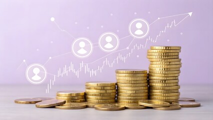 Stacked gold coins overlaid with floating holographic graphs on lavender—modern, tech-forward image for crypto or investment visuals.