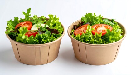 Fresh Healthy Salad Bowls Tomatoes with Greens, and Lettuce Food Concept on White.