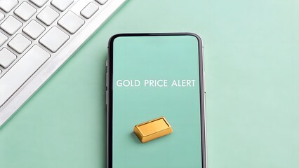 Smartphone shows gold price alert beside a gold bar on mint backdrop—daily finance alert meets luxury asset in one chic frame.