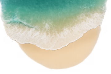 Aerial view of turquoise ocean waves gently washing a pristine sandy beach, isolated on transparent background