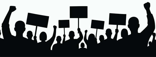 Silhouette of protesting crowd with raised fists and blank signs in a political demonstration