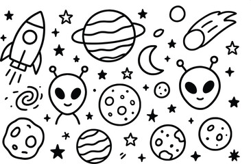 Adobe Illustrator ArCute Space Doodle Illustration with Aliens, Planets, and Stars – Hand Drawn Vector Arttwork