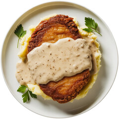 Chicken-fried steak top view on white background